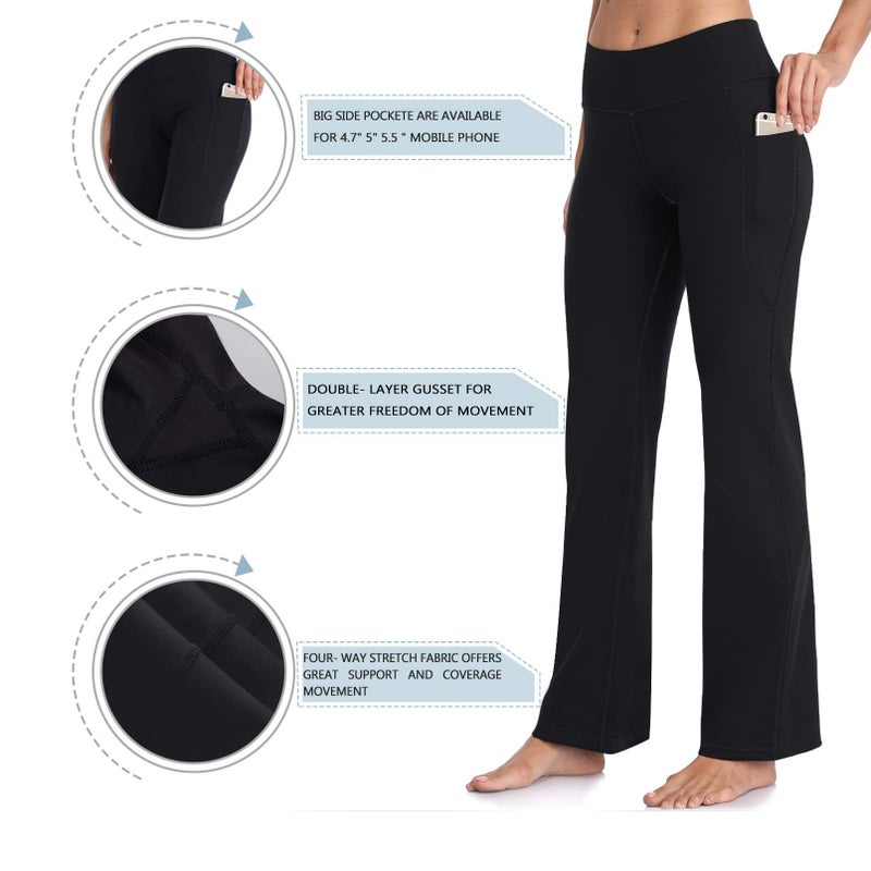 HISKYWIN Side Pockets Yoga Pants 4 Way Stretch Tummy Control Workout Running Pants, Long Bootleg Flare Pants HF201-Black-M - Image 5